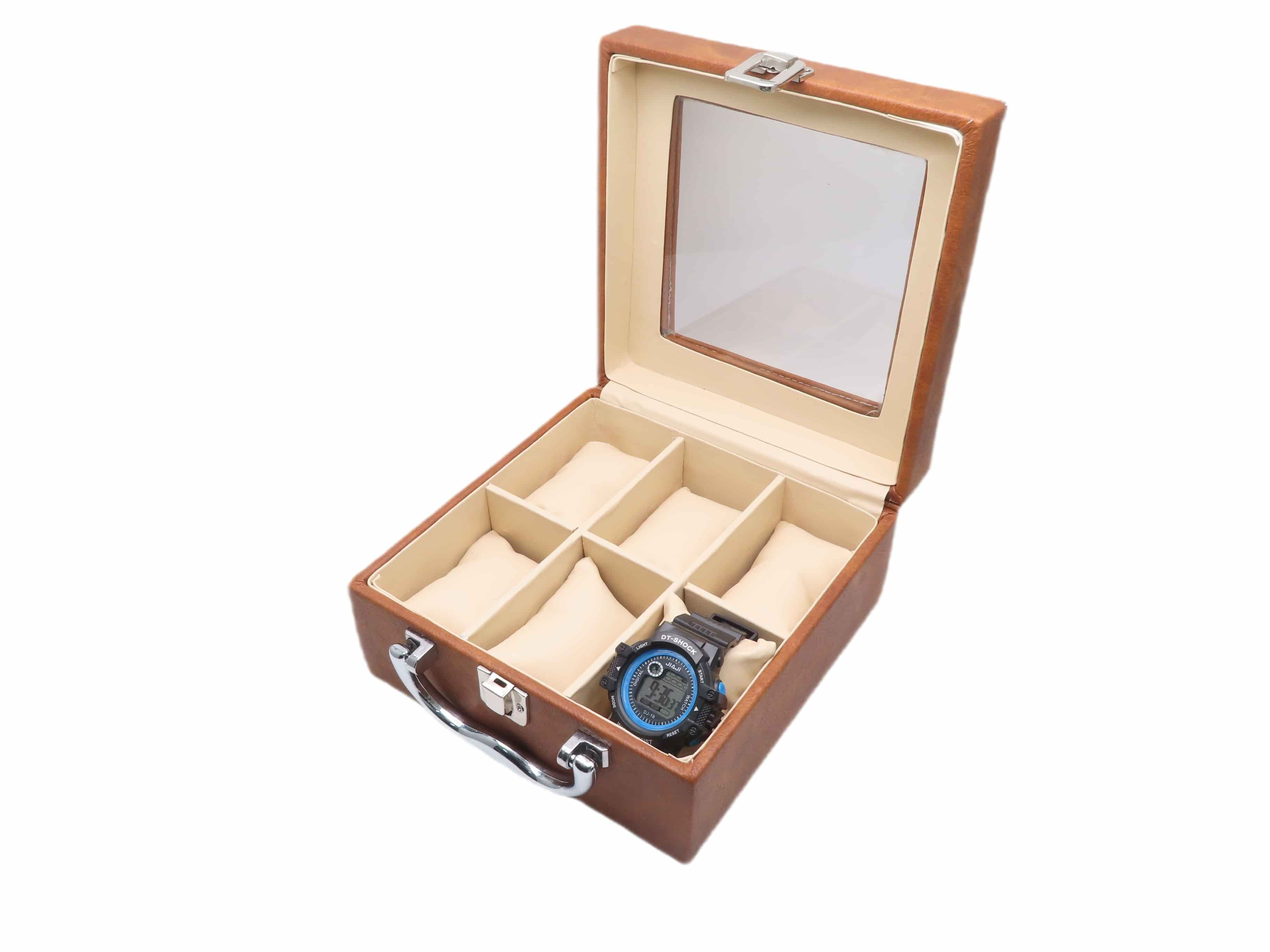 pspan-stylecolor-169179watch-organiser-for-6-watches-taan-color-design-in-square-shape-with-transparent-viewspanp